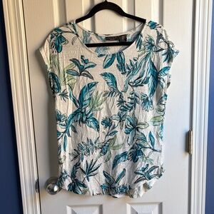 Tahari 100% Linen Tropical Leaf Print Top Women's Size Large